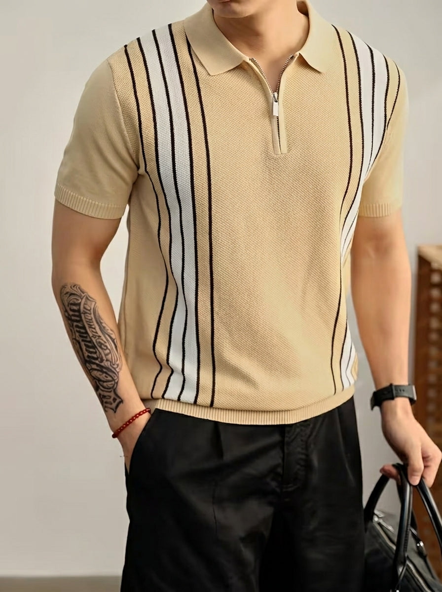 Men's Casual Striped Zip Polo Shirt