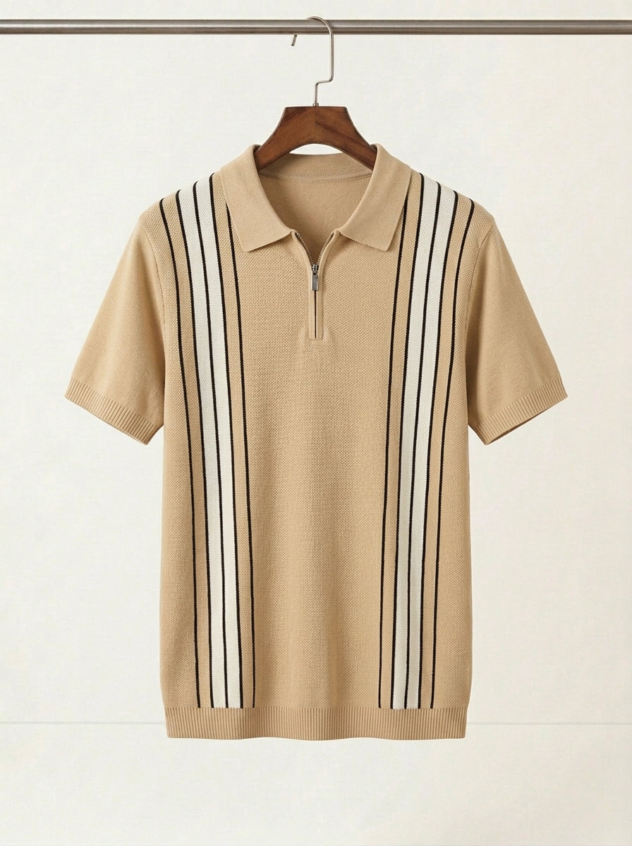 Men's Casual Striped Zip Polo Shirt