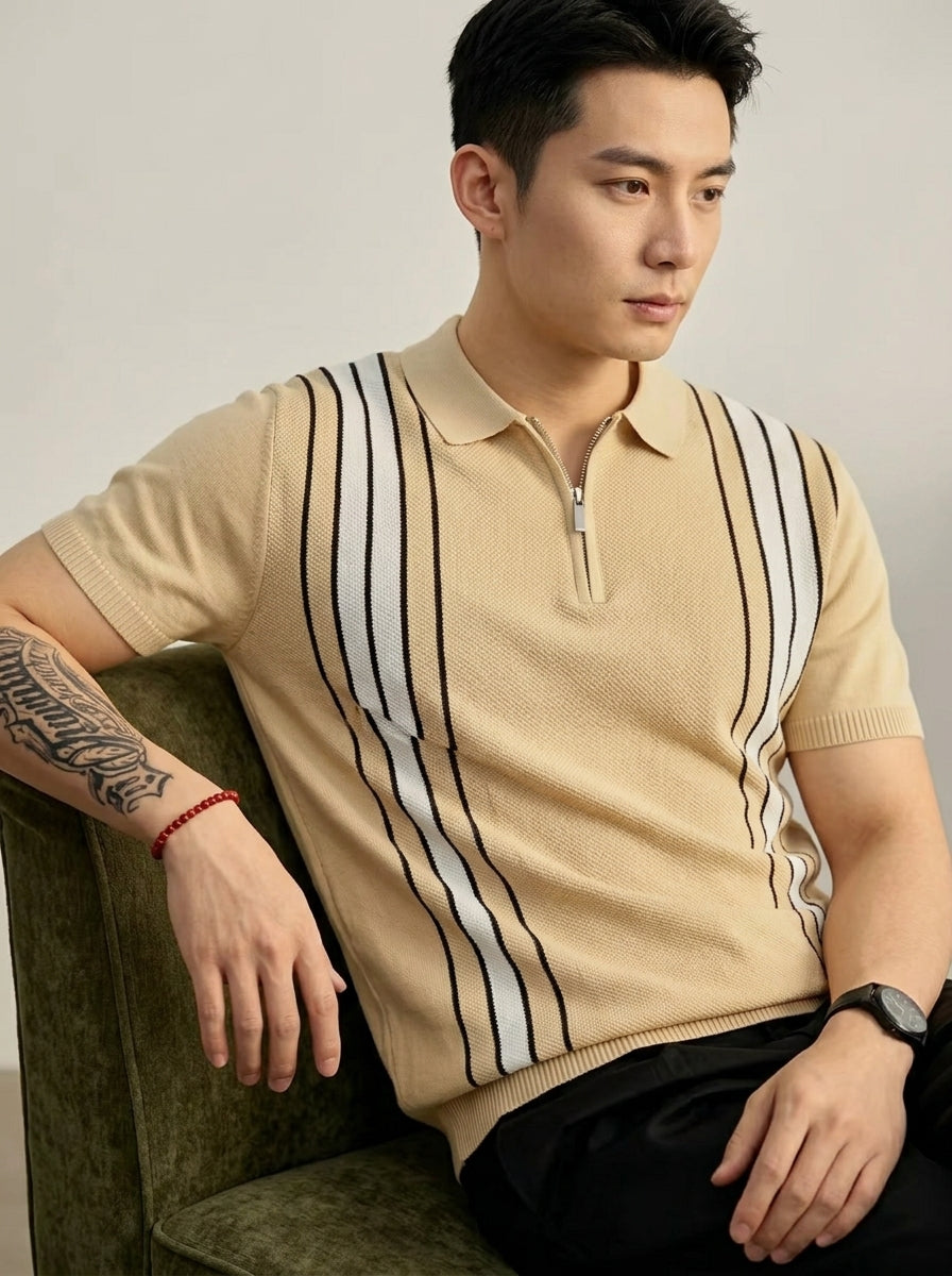 Men's Casual Striped Zip Polo Shirt