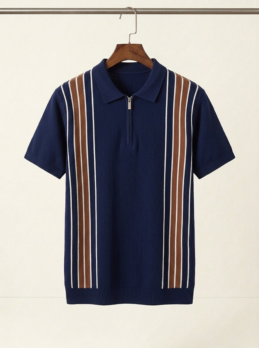 Men's Casual Striped Zip Polo Shirt