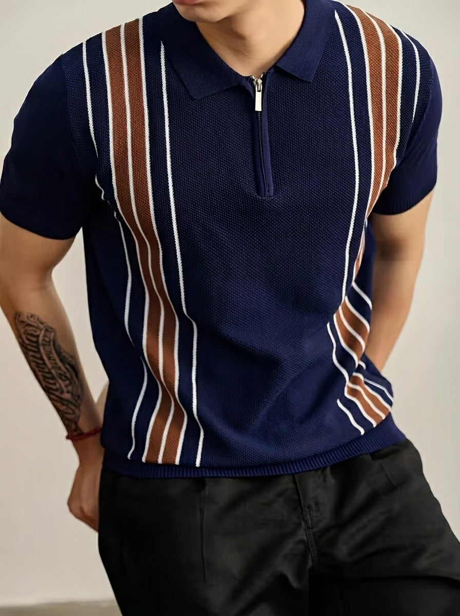 Men's Casual Striped Zip Polo Shirt
