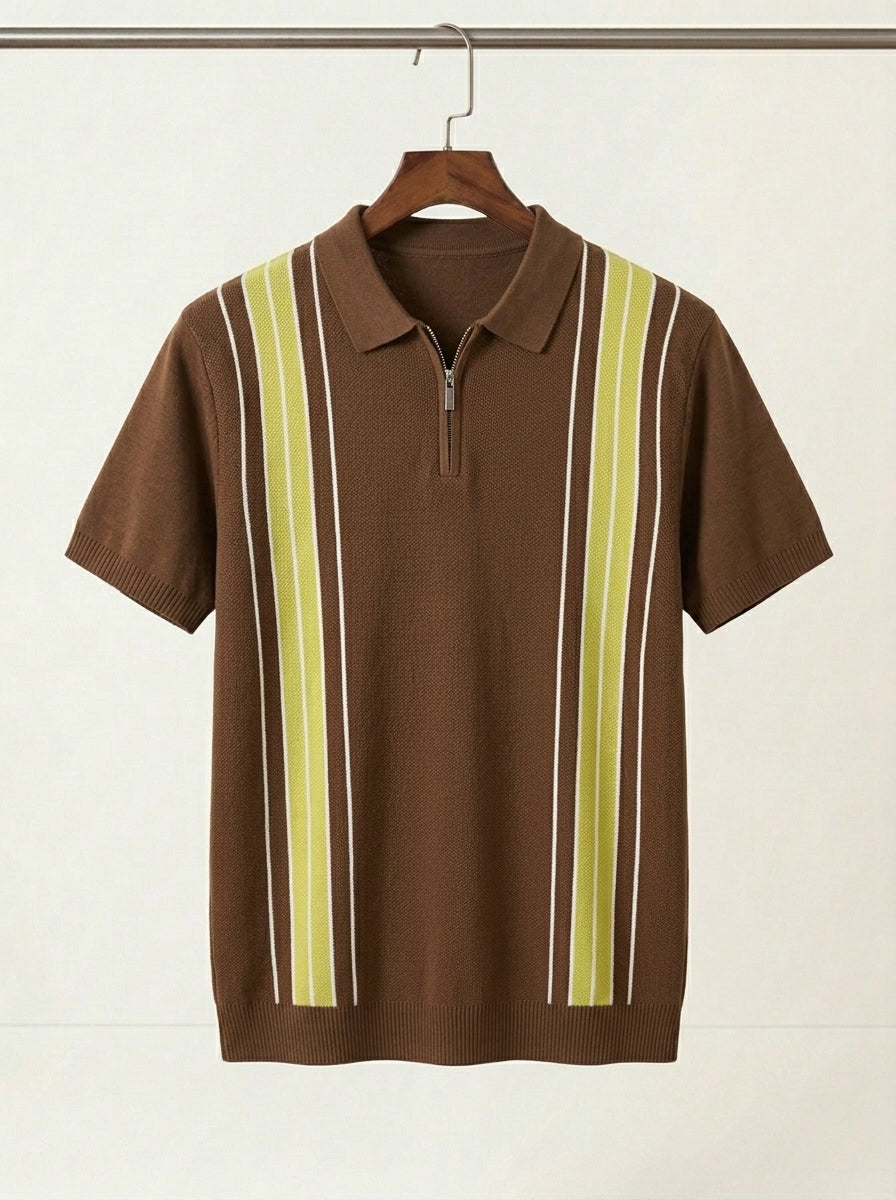 Men's Casual Striped Zip Polo Shirt