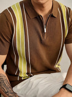 Men's Casual Striped Zip Polo Shirt