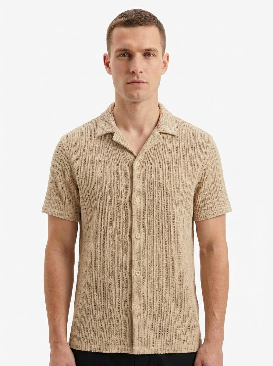 Textured Open-Knit Button-Up Shirt