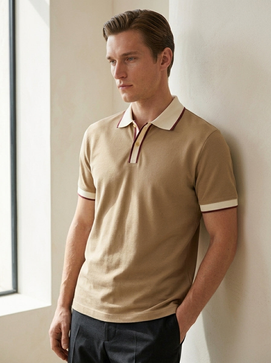 Slim Fit Retro Tipped Collar Short Sleeve Polo Shirt