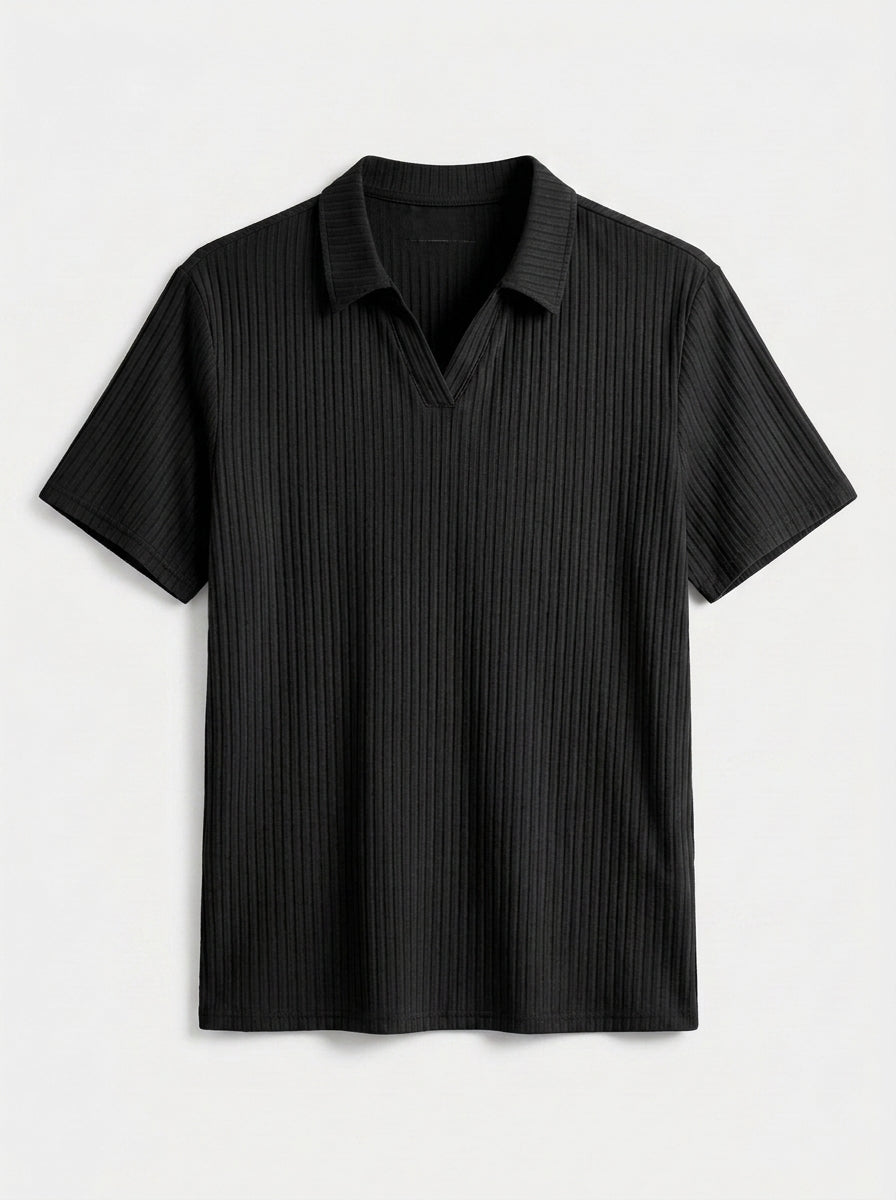 Cotton Knit Striped Textured Short Sleeve Polo Shirt