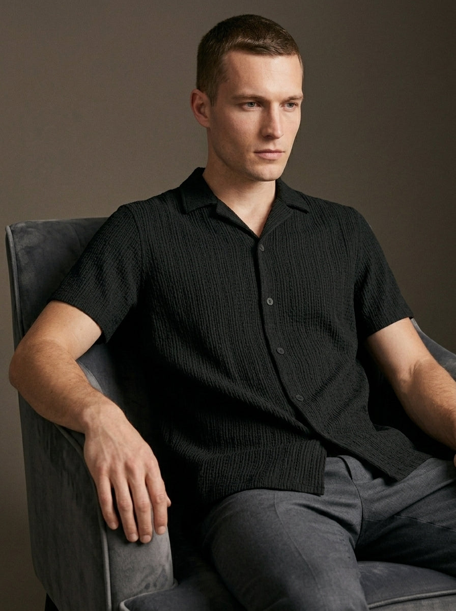 Textured Open-Knit Button-Up Shirt