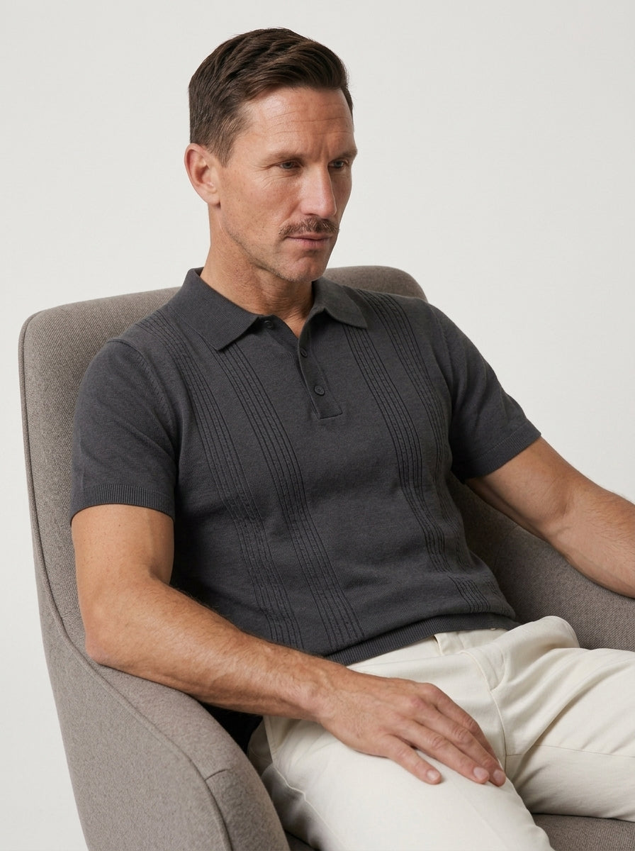 Cotton-Silk Ribbed Short Sleeve Sweater Polo