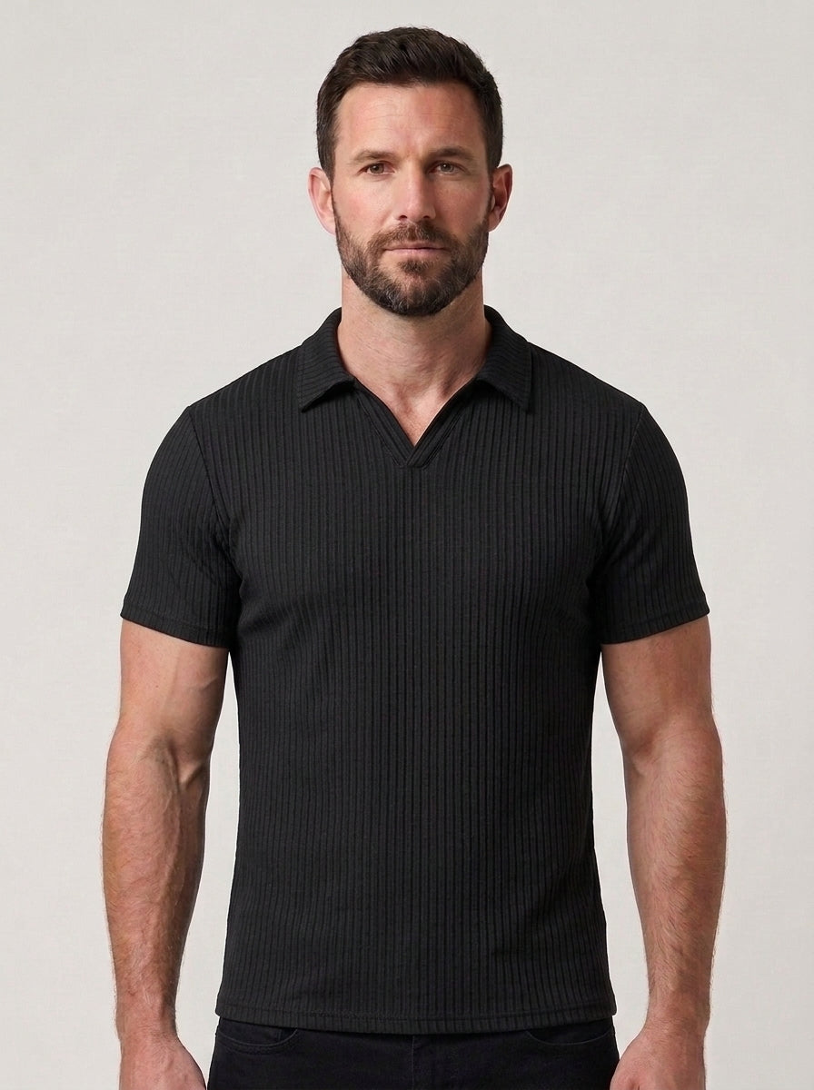 Cotton Knit Striped Textured Short Sleeve Polo Shirt