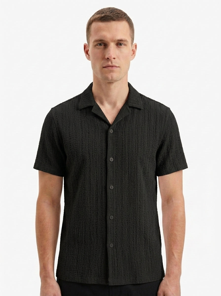 Textured Open-Knit Button-Up Shirt