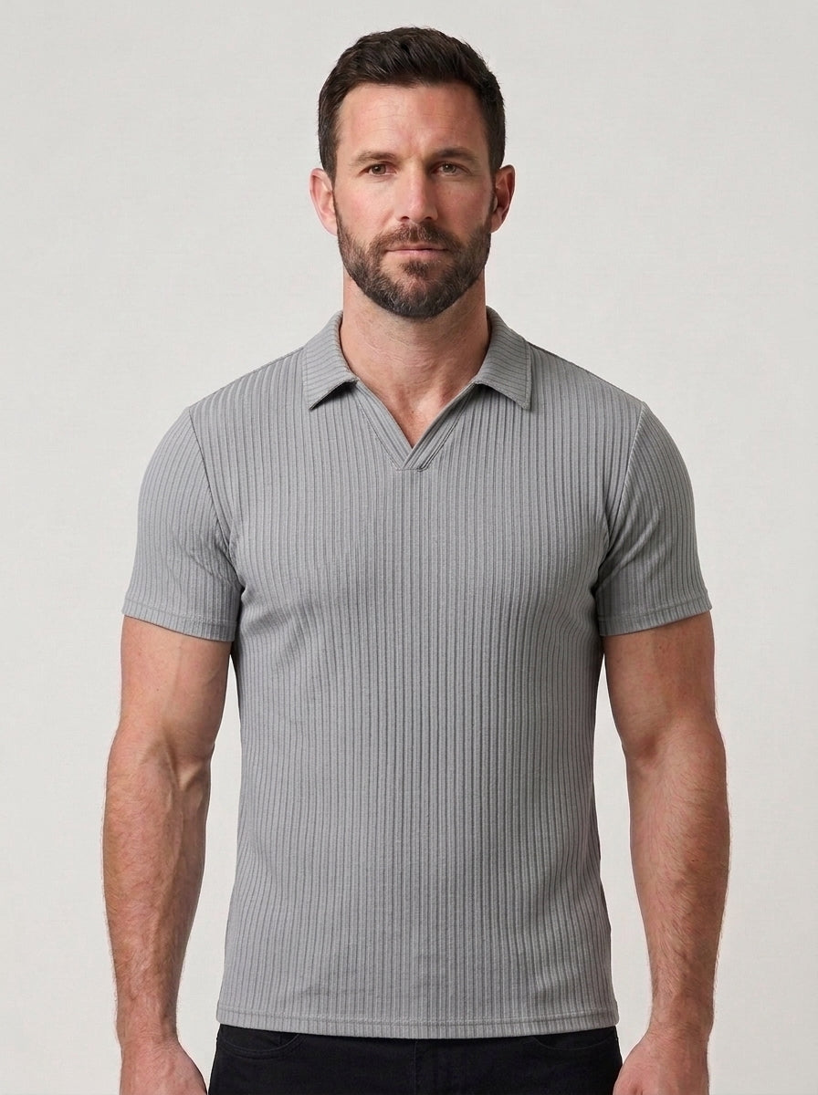 Cotton Knit Striped Textured Short Sleeve Polo Shirt