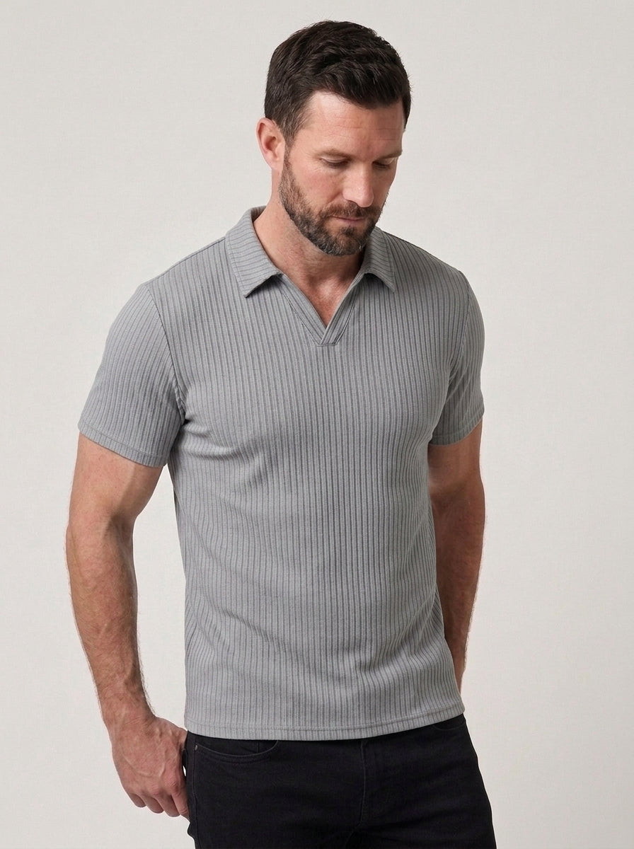 Cotton Knit Striped Textured Short Sleeve Polo Shirt
