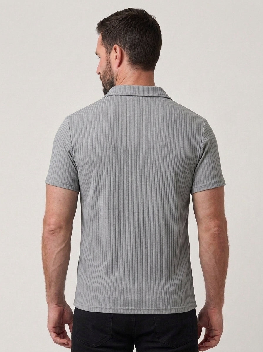 Cotton Knit Striped Textured Short Sleeve Polo Shirt