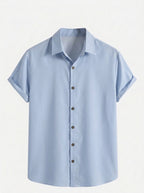 Men's Casual Linen-Feel Printed Solid Color Button Short Sleeve Shirt