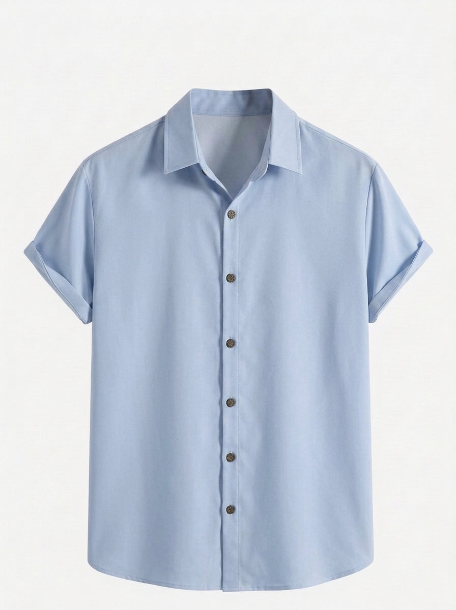 Men's Casual Linen-Feel Printed Solid Color Button Short Sleeve Shirt
