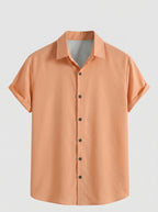 Men's Casual Linen-Feel Printed Solid Color Button Short Sleeve Shirt