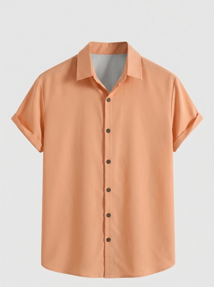 Men's Casual Linen-Feel Printed Solid Color Button Short Sleeve Shirt
