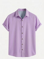 Men's Casual Linen-Feel Printed Solid Color Button Short Sleeve Shirt