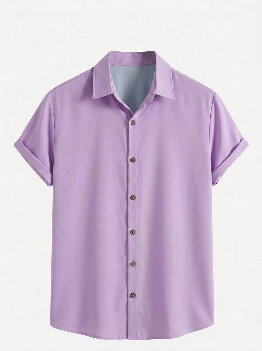 Men's Casual Linen-Feel Printed Solid Color Button Short Sleeve Shirt