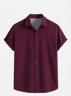 Men's Casual Linen-Feel Printed Solid Color Button Short Sleeve Shirt
