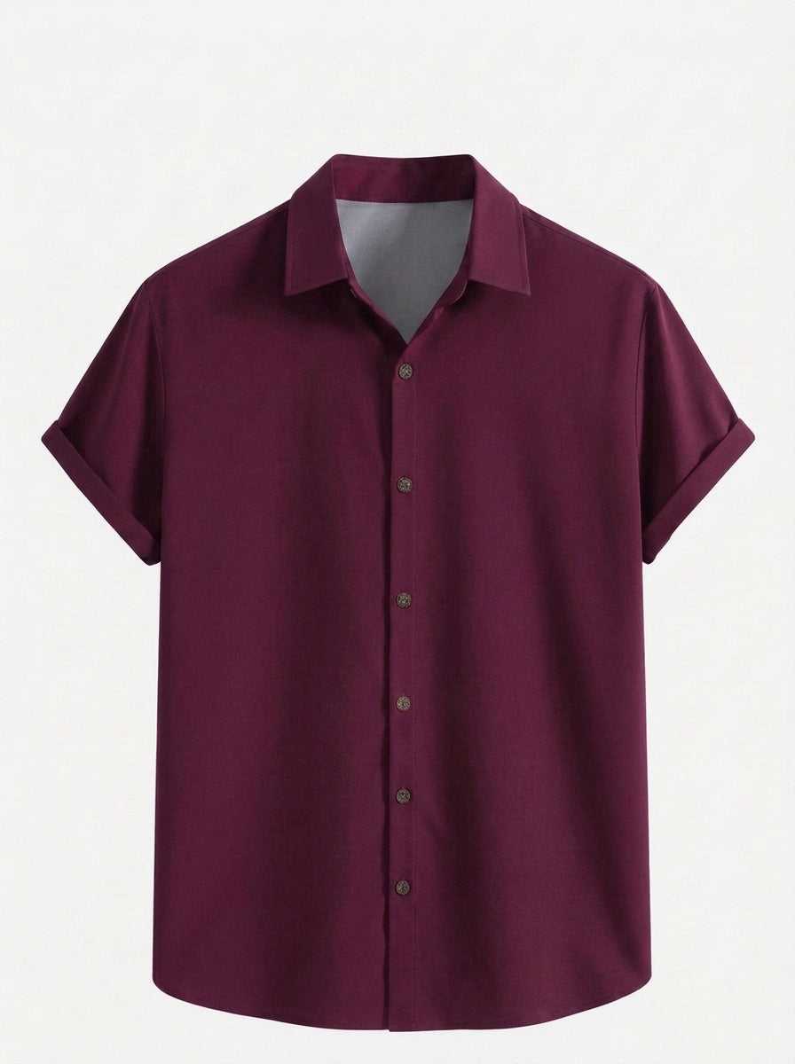 Men's Casual Linen-Feel Printed Solid Color Button Short Sleeve Shirt