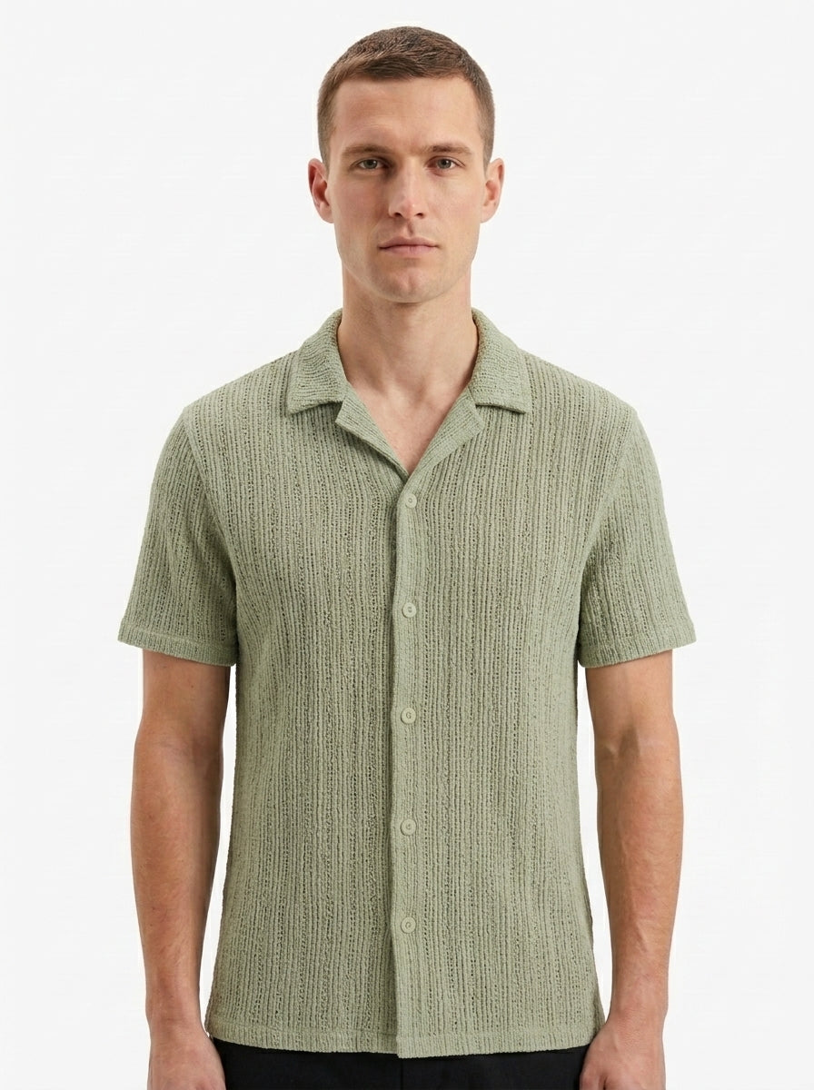Textured Open-Knit Button-Up Shirt