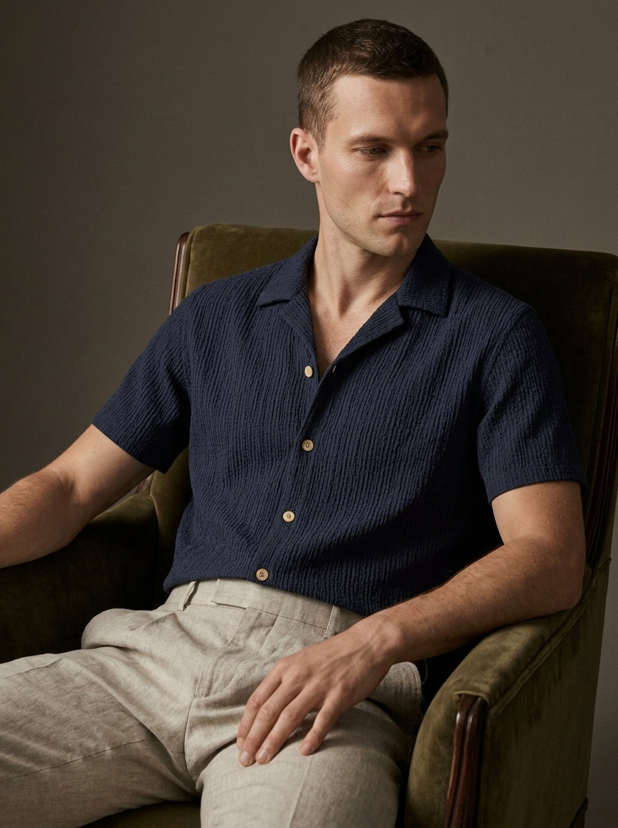 Textured Open-Knit Button-Up Shirt
