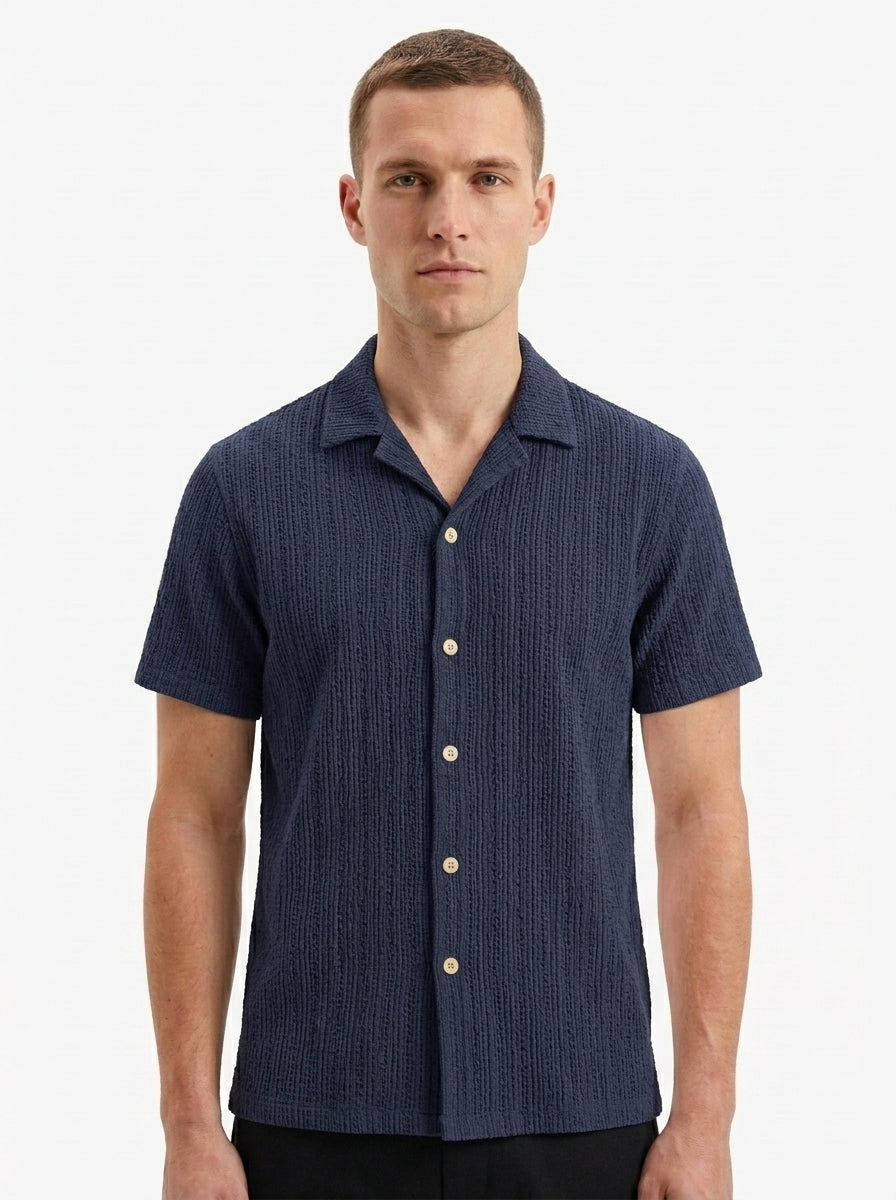 Textured Open-Knit Button-Up Shirt