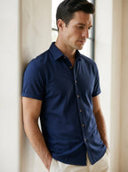 Men's Casual Linen-Feel Printed Solid Color Button Short Sleeve Shirt