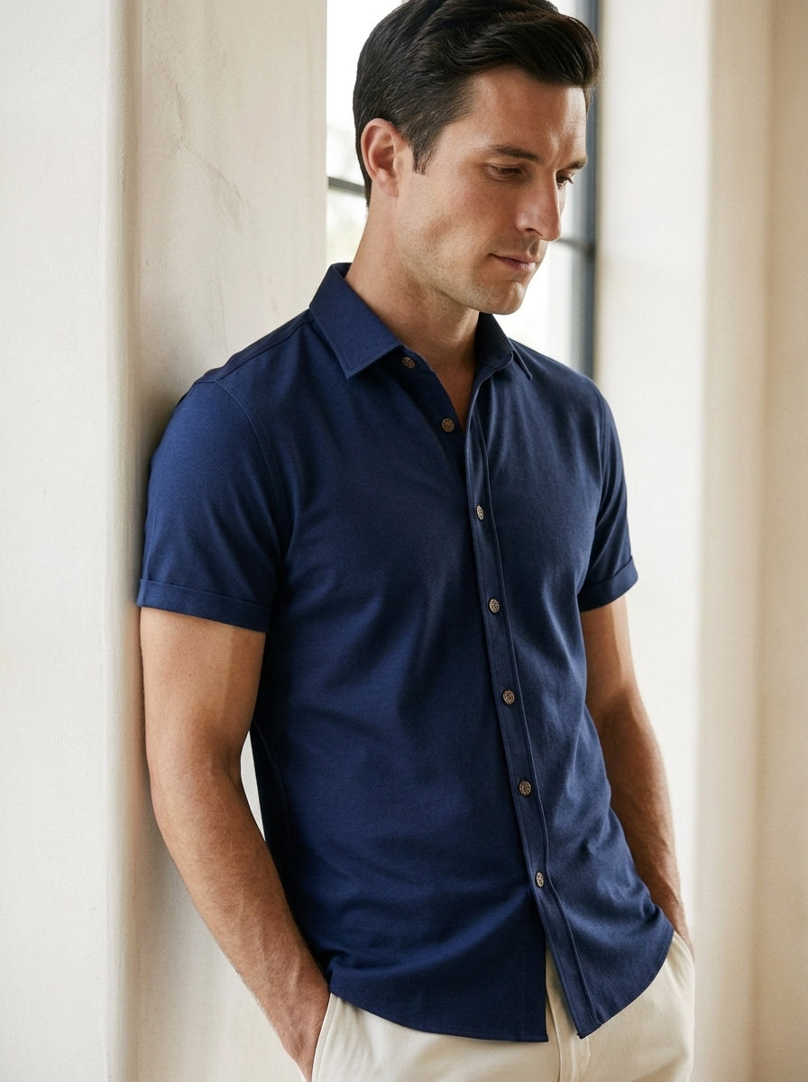 Men's Casual Linen-Feel Printed Solid Color Button Short Sleeve Shirt