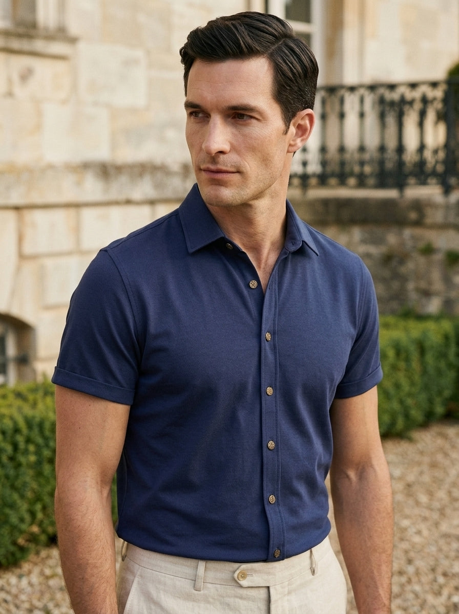Men's Casual Linen-Feel Printed Solid Color Button Short Sleeve Shirt