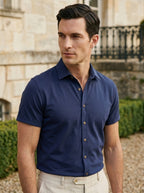 Men's Casual Linen-Feel Printed Solid Color Button Short Sleeve Shirt