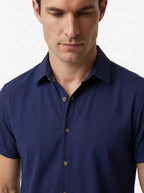 Men's Casual Linen-Feel Printed Solid Color Button Short Sleeve Shirt