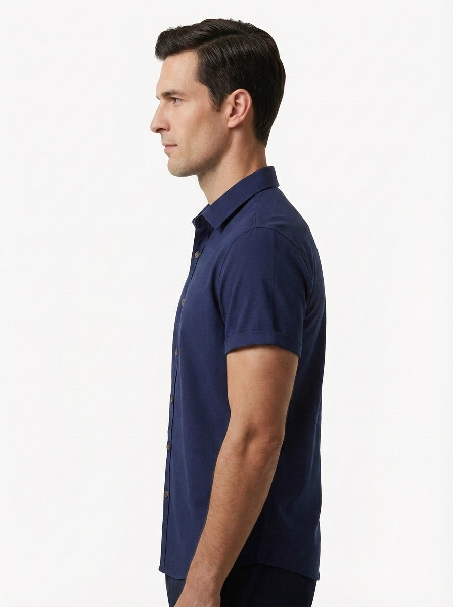 Men's Casual Linen-Feel Printed Solid Color Button Short Sleeve Shirt