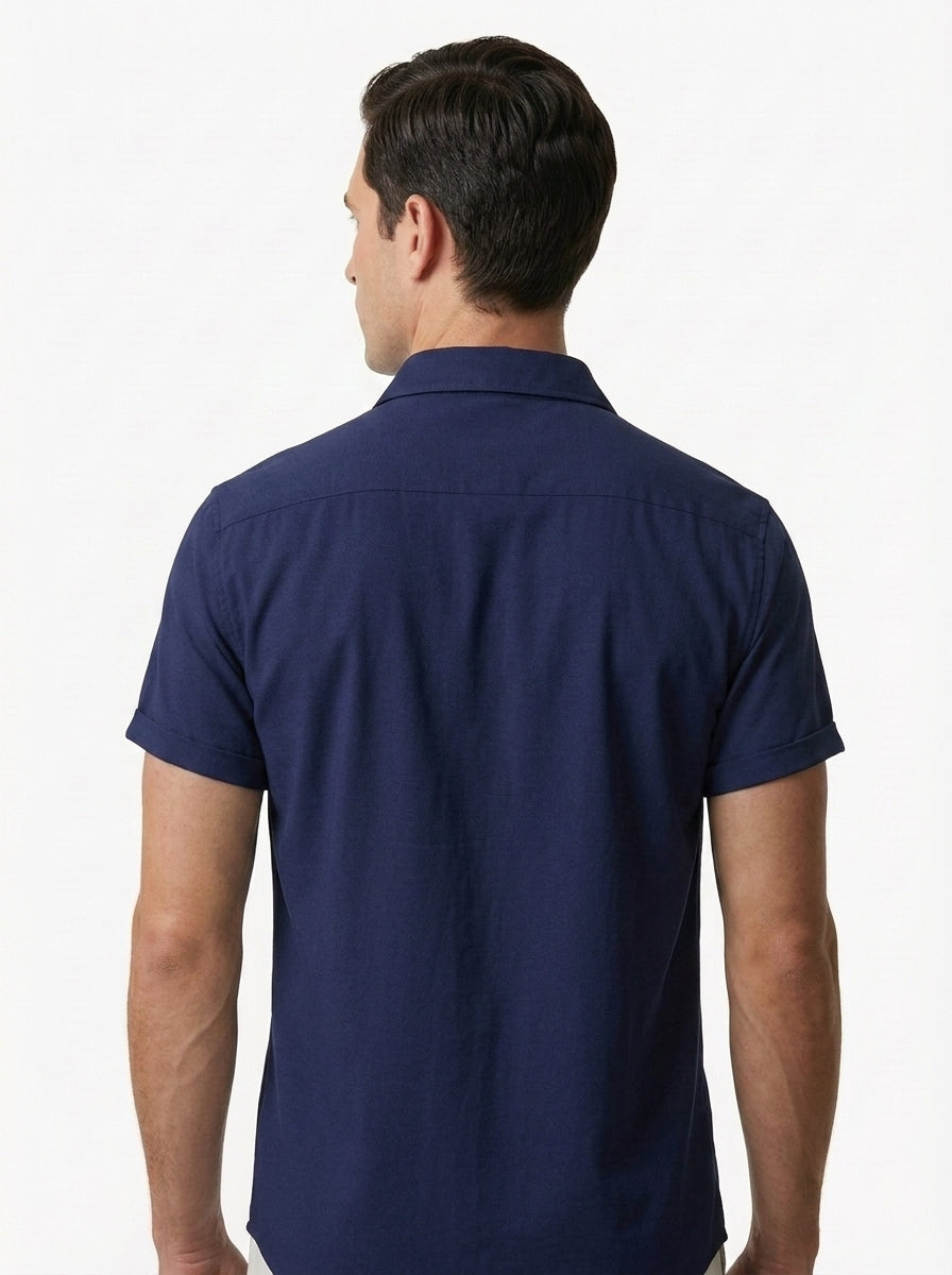 Men's Casual Linen-Feel Printed Solid Color Button Short Sleeve Shirt