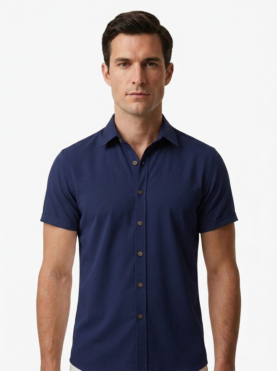 Men's Casual Linen-Feel Printed Solid Color Button Short Sleeve Shirt