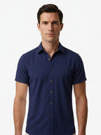 Men's Casual Linen-Feel Printed Solid Color Button Short Sleeve Shirt