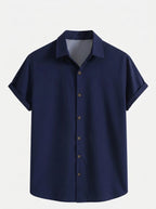 Men's Casual Linen-Feel Printed Solid Color Button Short Sleeve Shirt