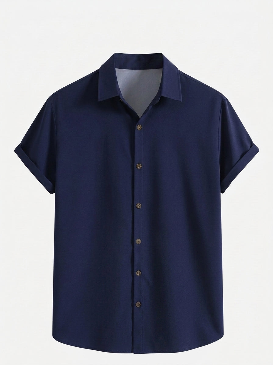 Men's Casual Linen-Feel Printed Solid Color Button Short Sleeve Shirt