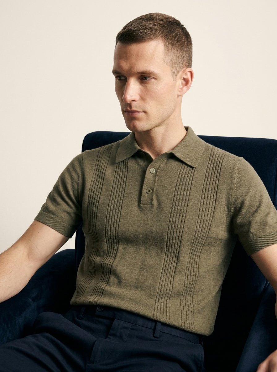 Cotton-Silk Ribbed Short Sleeve Sweater Polo