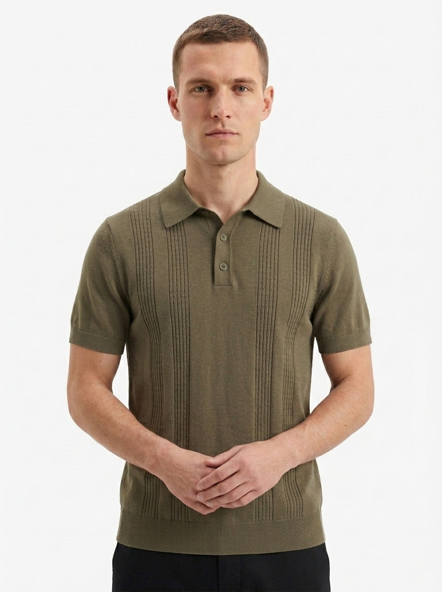 Cotton-Silk Ribbed Short Sleeve Sweater Polo