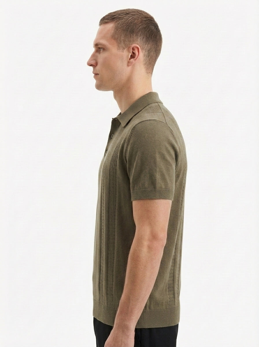 Cotton-Silk Ribbed Short Sleeve Sweater Polo