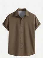 Men's Casual Linen-Feel Printed Solid Color Button Short Sleeve Shirt