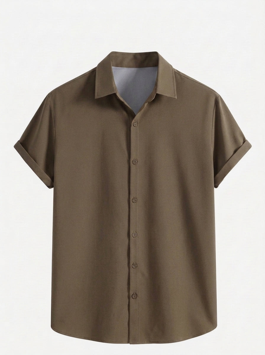 Men's Casual Linen-Feel Printed Solid Color Button Short Sleeve Shirt