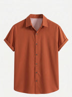 Men's Casual Linen-Feel Printed Solid Color Button Short Sleeve Shirt