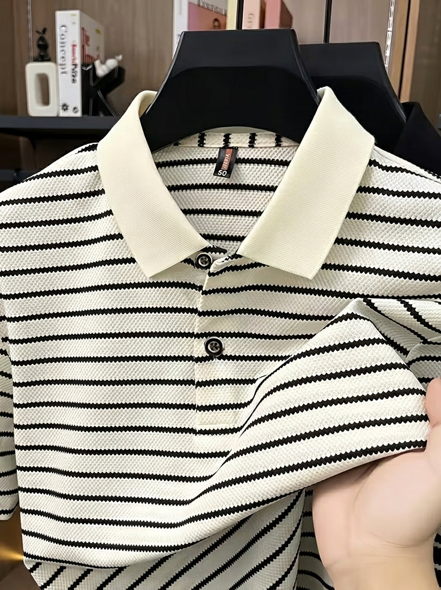 Striped Knit Fabric Short-Sleeved Polo