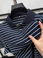 Striped Knit Fabric Short-Sleeved Polo