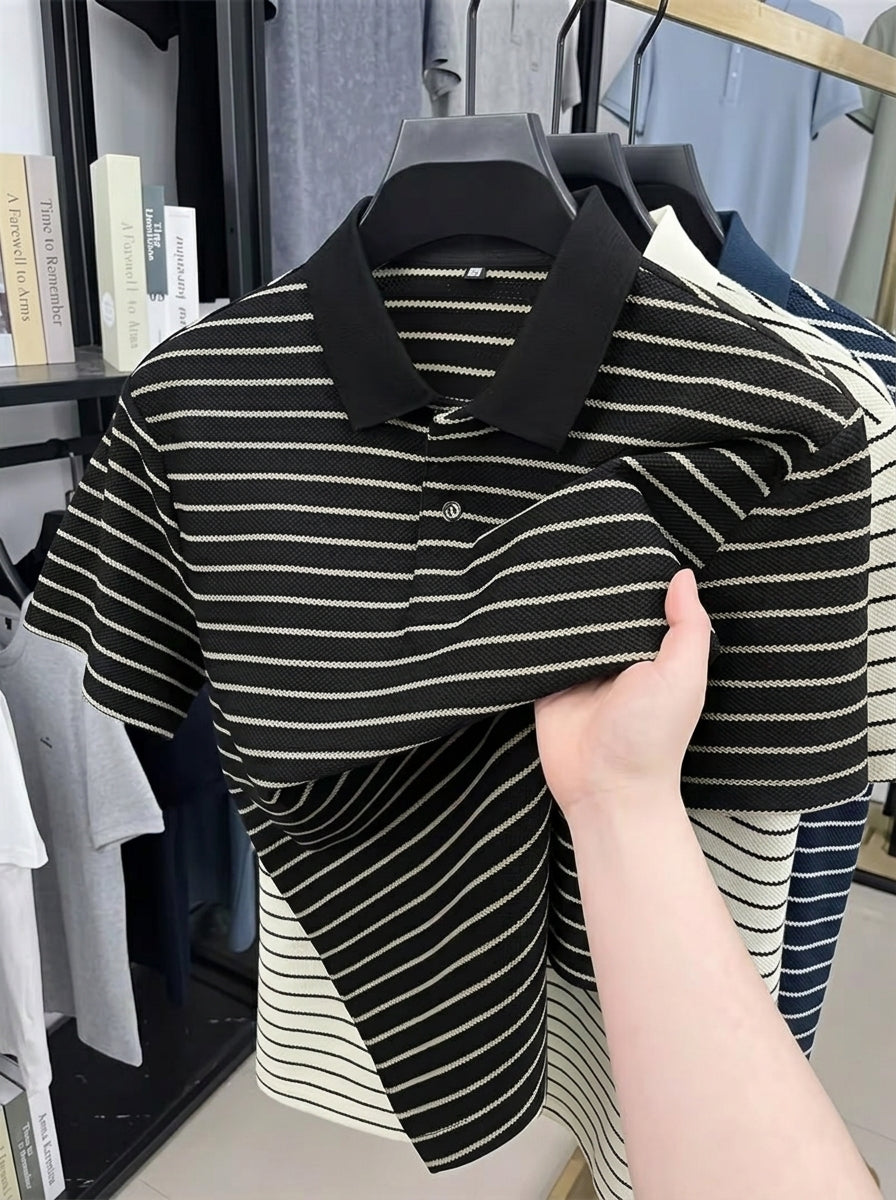 Striped Knit Fabric Short-Sleeved Polo