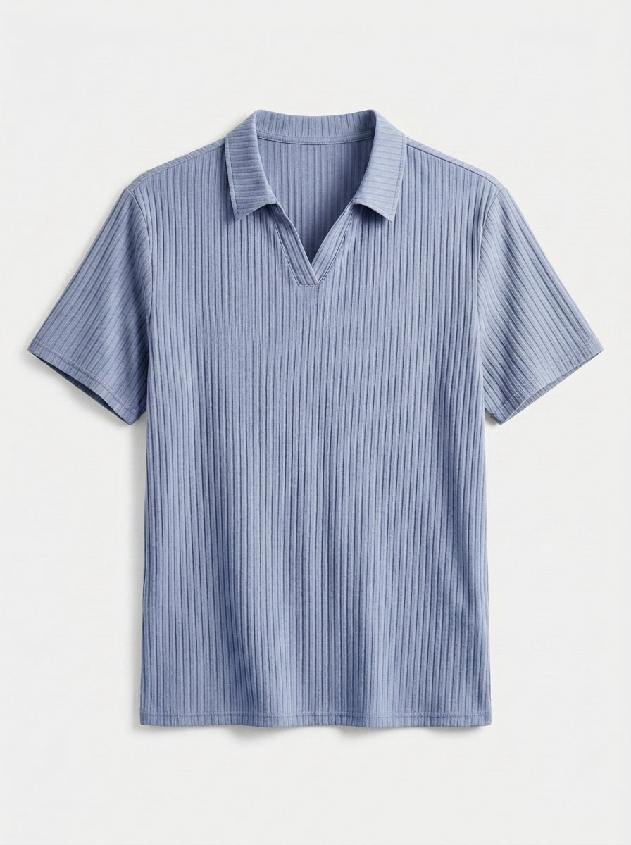 Cotton Knit Striped Textured Short Sleeve Polo Shirt