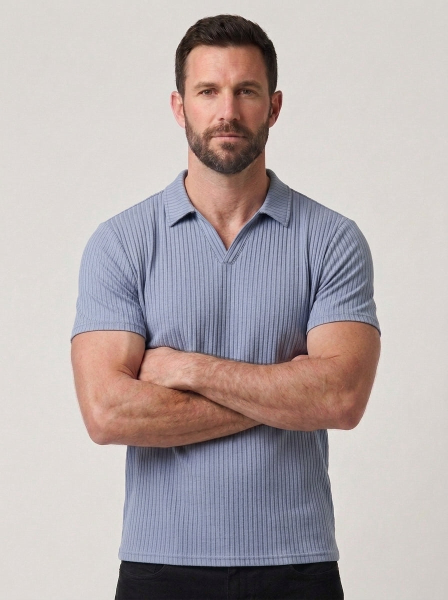 Cotton Knit Striped Textured Short Sleeve Polo Shirt
